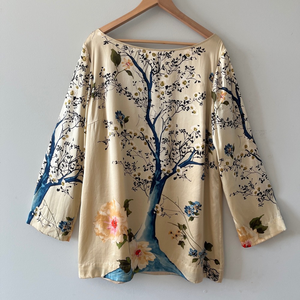 Soft Surroundings Floral Silk Tunic Blouse Botanical Beige XL 100% Silk Lining